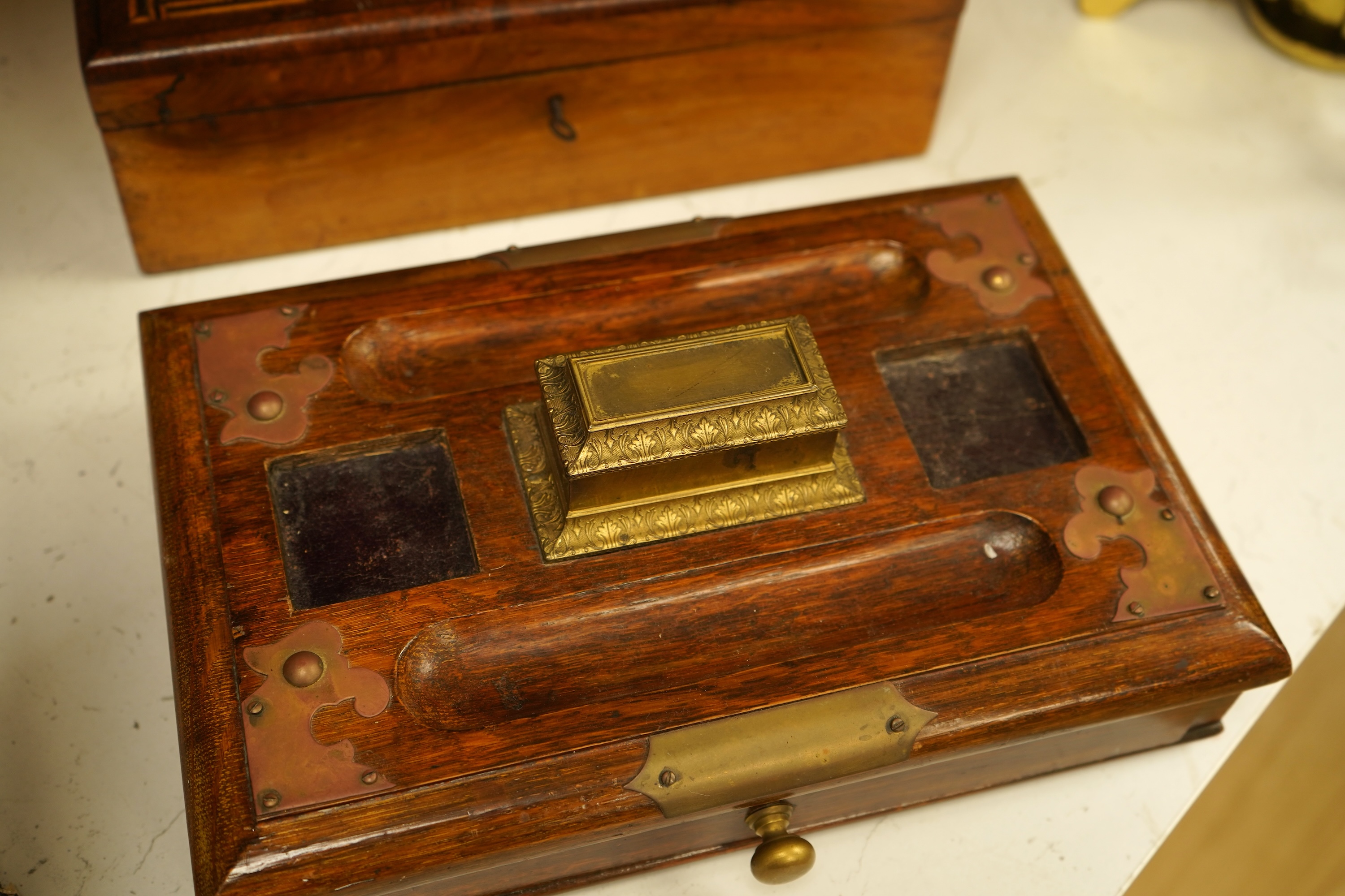 A 19th century Colonial marquetry work box, with key and an oak desk stand, 32cm wide